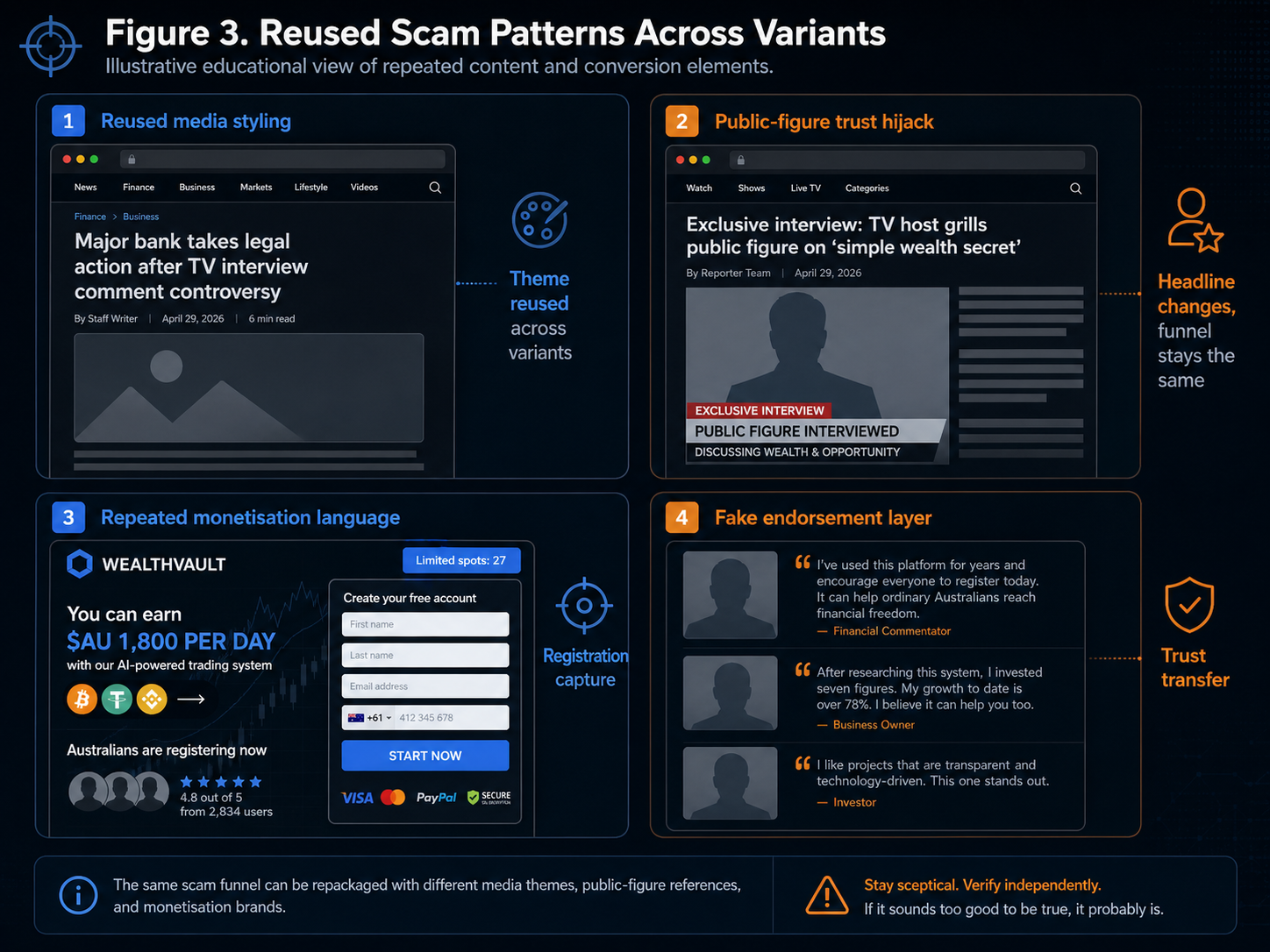 Diagram illustrating the five-part response model: early signal capture, explainable verification, campaign-level scam intelligence, multi-channel disruption, and SPF-era evidence and reporting.