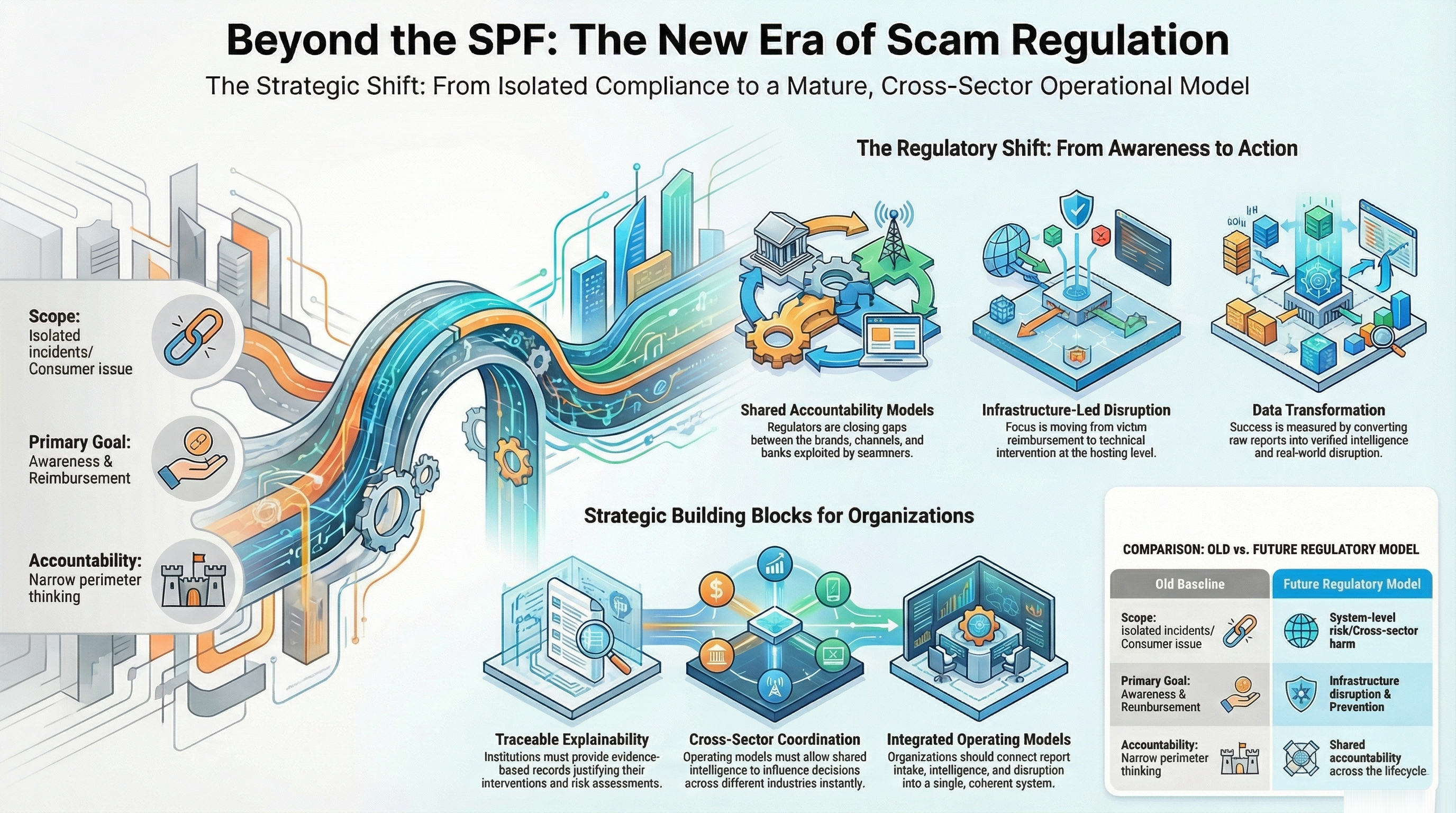 Abstract illustration representing the evolution of scam regulation beyond the Scams Prevention Framework, showing shared accountability, infrastructure disruption, evidence quality, and intelligence-to-action maturity.
